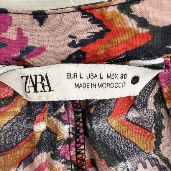 Zara Long Sleeve Mini Dress L Red Pink Geometric Tribal Print Button Front Boho - Picture 10 of 16